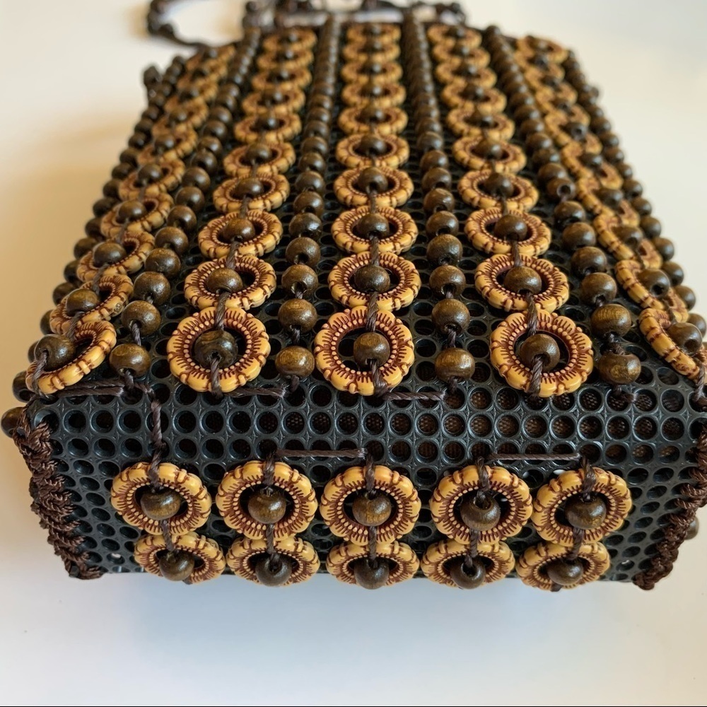 Handmade Wood Beaded Bag Floral Top Zip Mini Crossbody - Picture 9 of 15